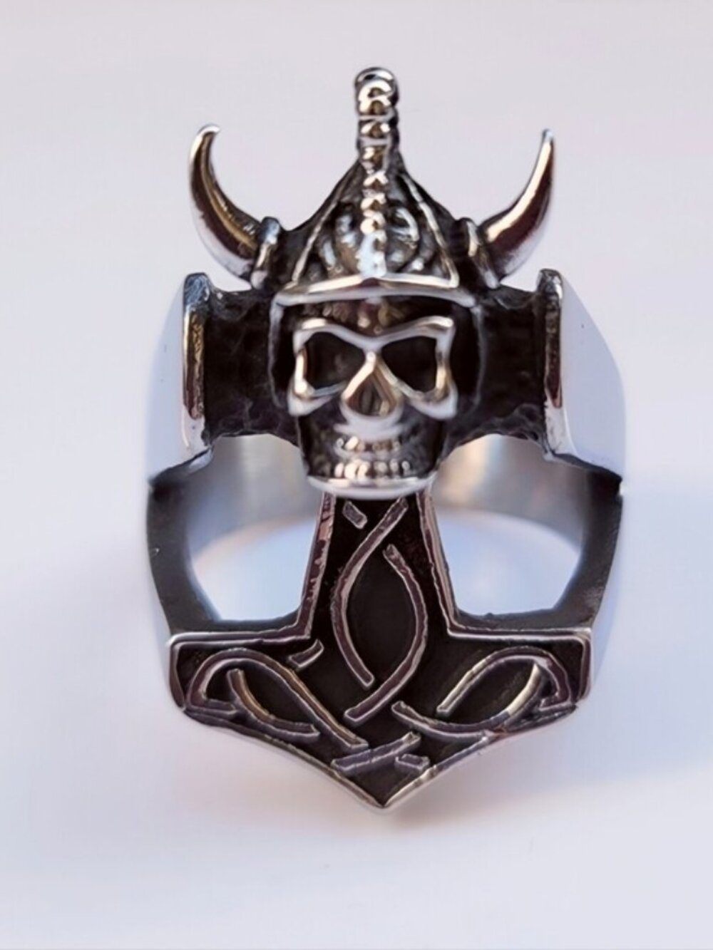 Unbranded Viking Mjolnir Horned Skull Ring Celtic Knot Stainless Steel Band NWT